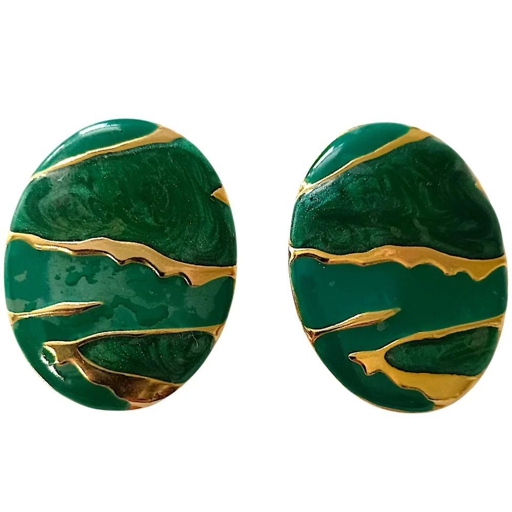 Vtg 80s Enameled Earrings LARGE Maximalist Abstract‎ Teal Gold Tone Metal Oval
